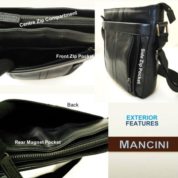 MANCINI Unisex Black Leather Vertical Messenger Bag Padded Shoulder Crossbody - Picture 7 of 12